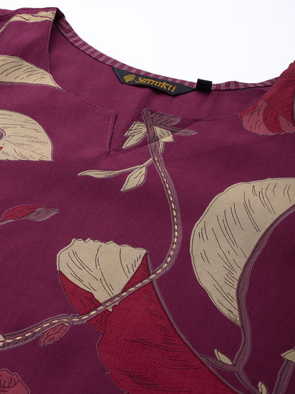 Purple Floral Printed Regular Kurta with Trouser & Dupatta
