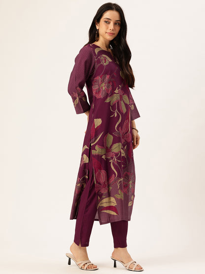 Purple Floral Printed Regular Kurta with Trouser & Dupatta