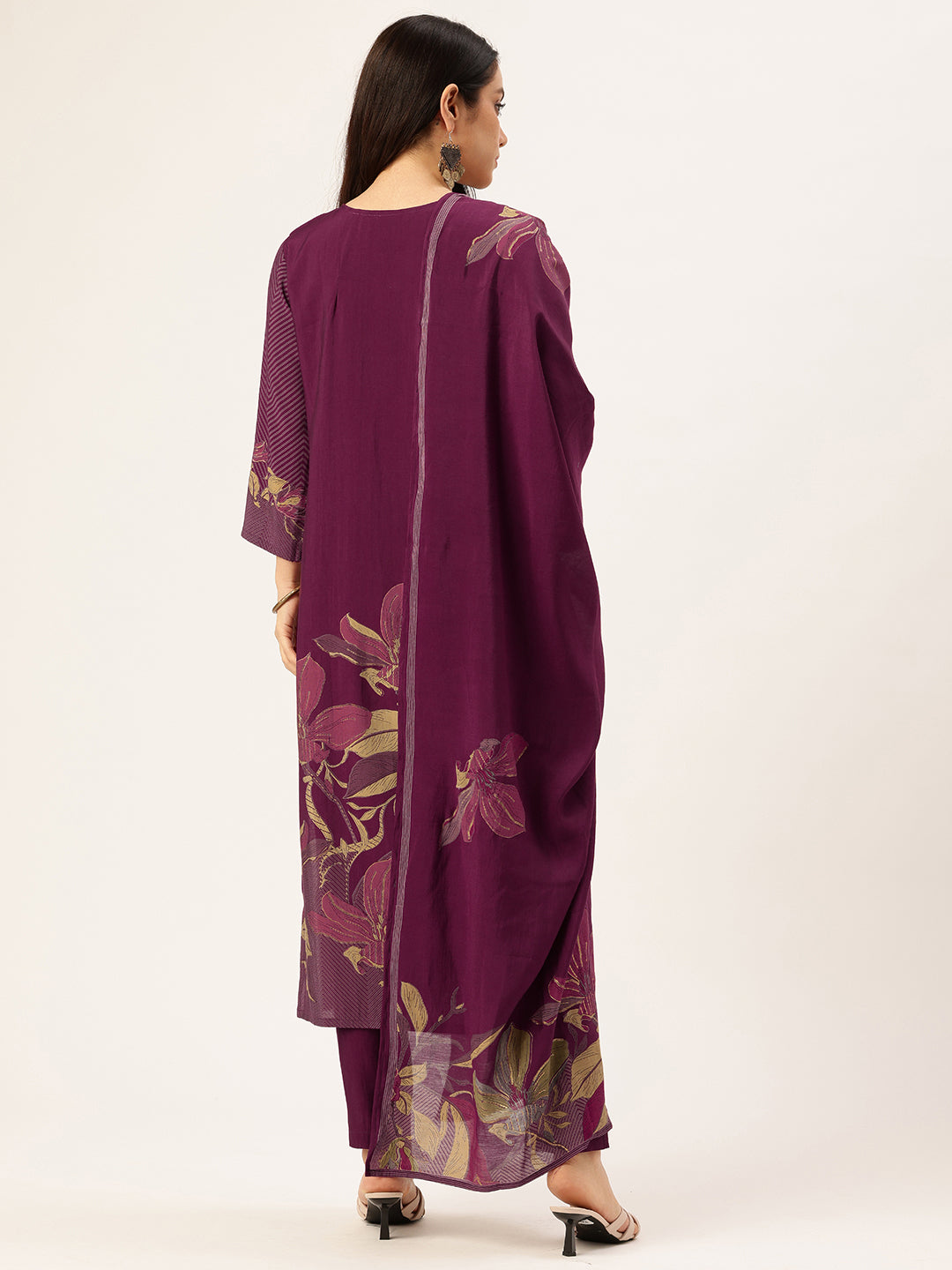 Purple Floral Printed Regular Kurta with Trouser & Dupatta