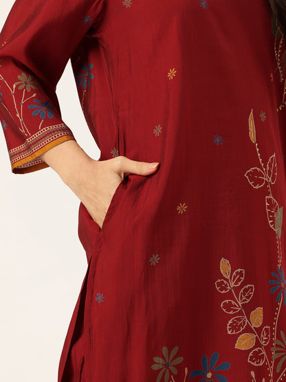Red Floral Printed Regular Kurta with Trouser & Dupatta