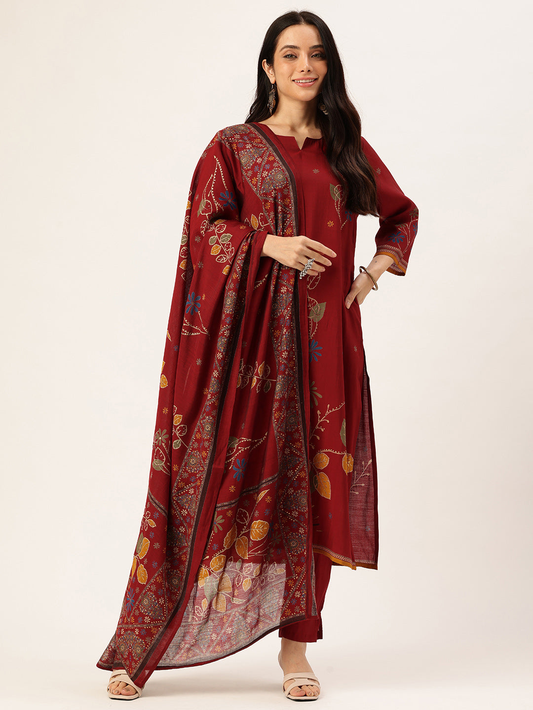 Red Floral Printed Regular Kurta with Trouser & Dupatta
