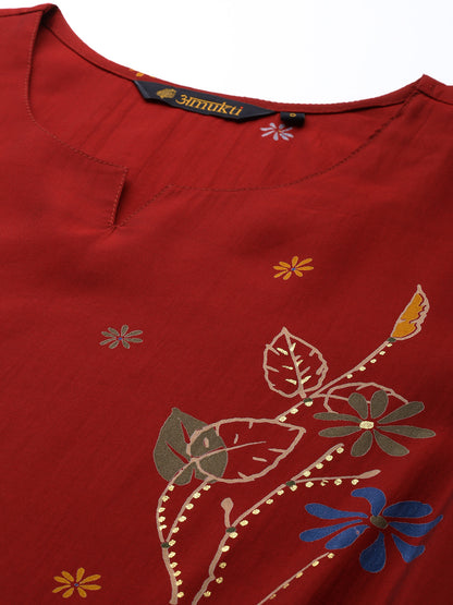 Red Floral Printed Regular Kurta with Trouser & Dupatta