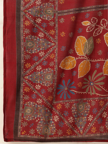 Red Floral Printed Regular Kurta with Trouser & Dupatta