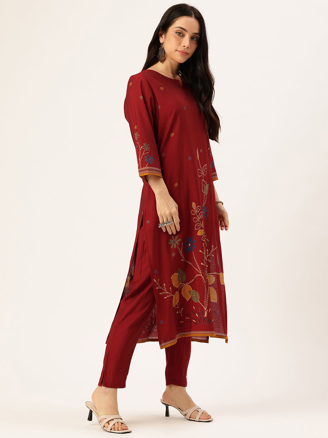 Red Floral Printed Regular Kurta with Trouser & Dupatta