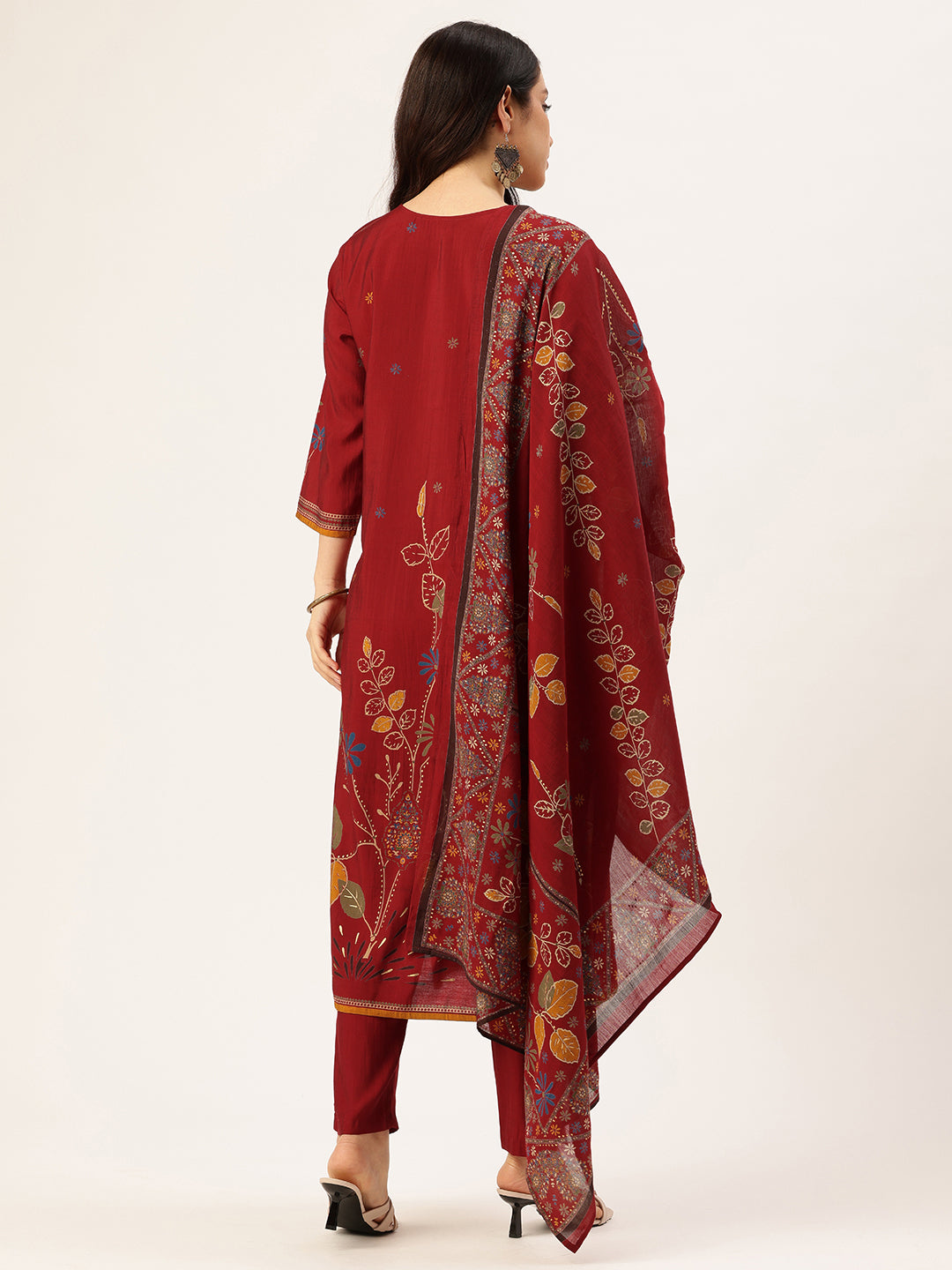 Red Floral Printed Regular Kurta with Trouser & Dupatta