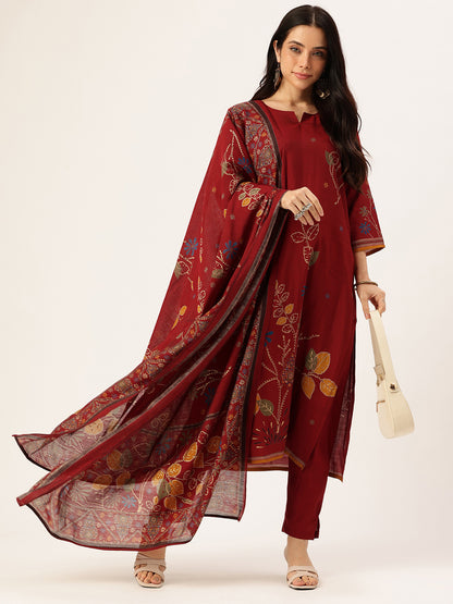 Red Floral Printed Regular Kurta with Trouser & Dupatta
