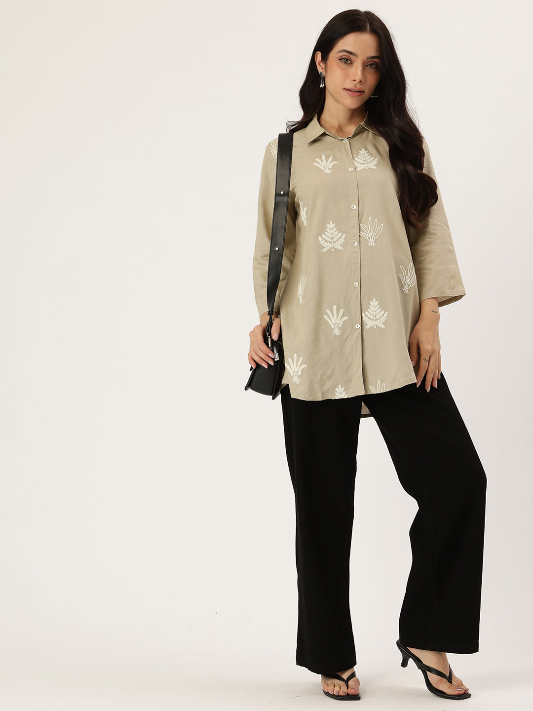 Beige Floral Embroidered Shirt Collar Tunic