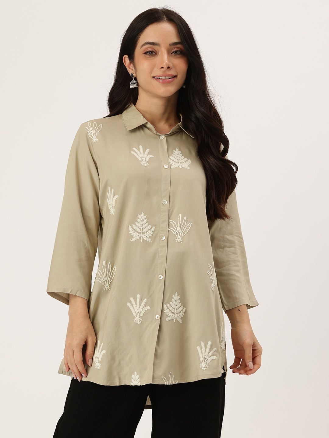 Beige Floral Embroidered Shirt Collar Tunic