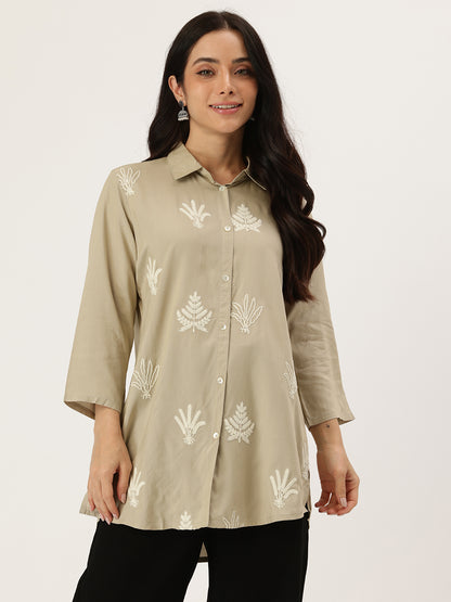 Beige Floral Embroidered Shirt Collar Tunic