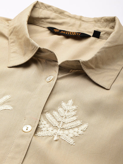 Beige Floral Embroidered Shirt Collar Tunic