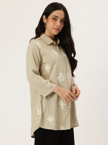 Beige Floral Embroidered Shirt Collar Tunic