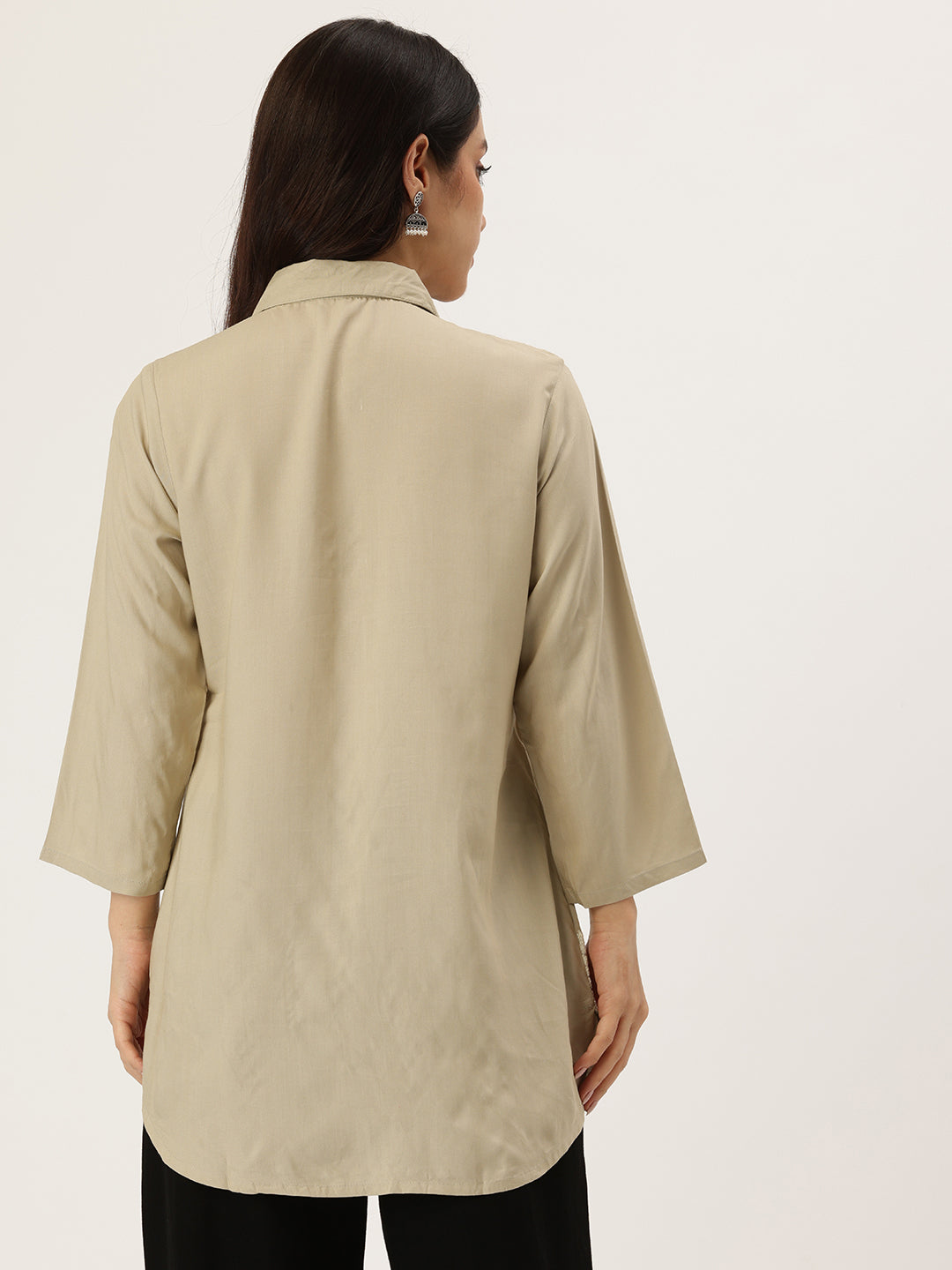 Beige Floral Embroidered Shirt Collar Tunic