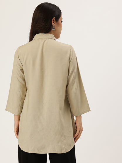 Beige Floral Embroidered Shirt Collar Tunic