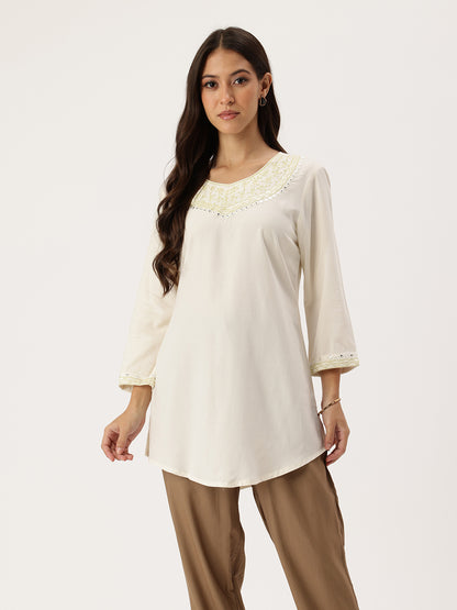 White Embroidered Ethnic Tunic, Embroidered  Printed Tunic, printed tunic, Round Tunic, casual wear Tunic, women’s tunic, Office Wear Tunic