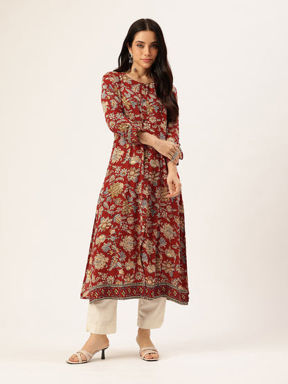 Red Floral Printed Kurta
