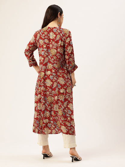 Red Floral Printed Kurta