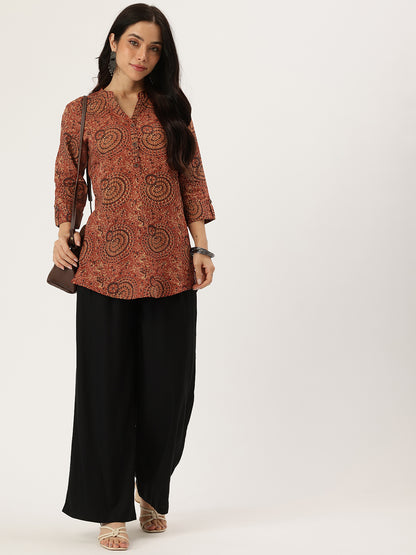 Red Mandarin Collar Printed Tunic