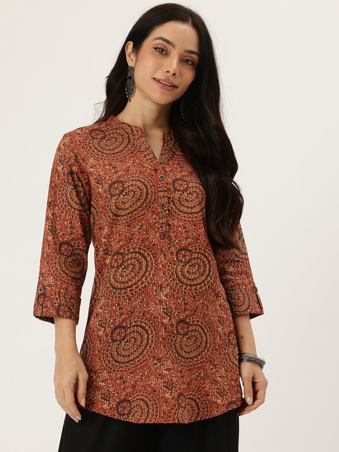 Red Mandarin Collar Printed Tunic