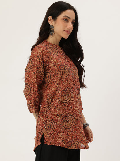 Red Mandarin Collar Printed Tunic