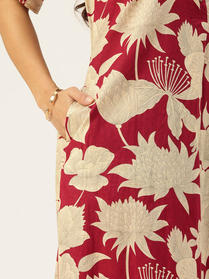 Red Floral Printed Pure Cotton Kurta With Trousers
