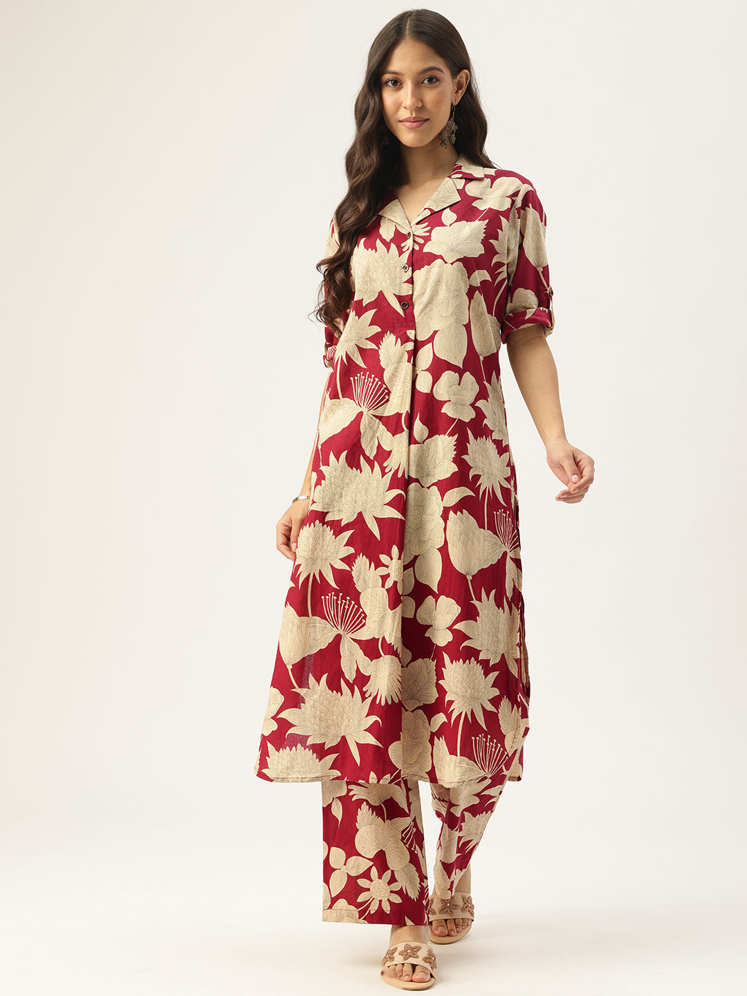Red Floral Printed Pure Cotton Kurta With Trousers