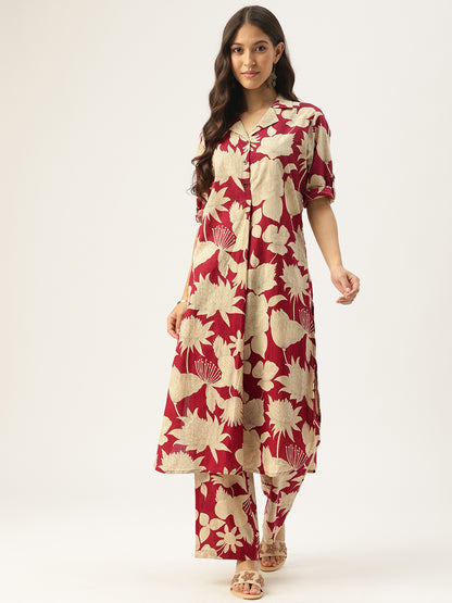 Red Floral Printed Pure Cotton Kurta With Trousers