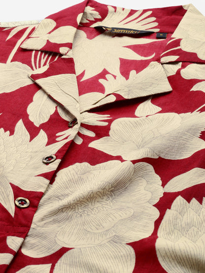 Red Floral Printed Pure Cotton Kurta With Trousers