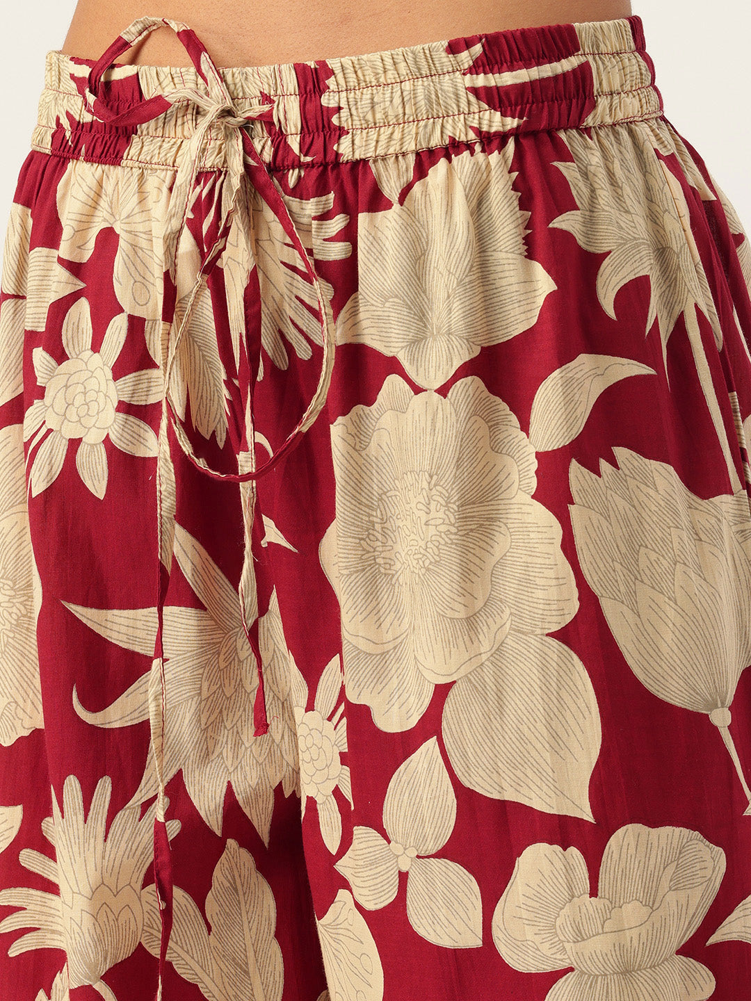 Red Floral Printed Pure Cotton Kurta With Trousers