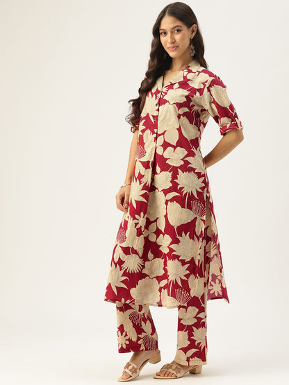 Red Floral Printed Pure Cotton Kurta With Trousers