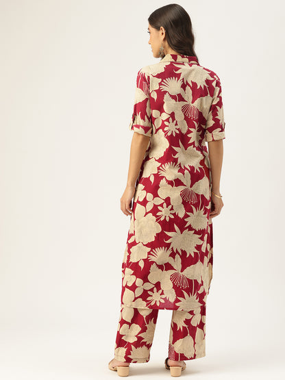 Red Floral Printed Pure Cotton Kurta With Trousers