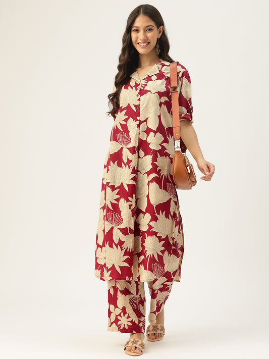 Red Floral Printed Pure Cotton Kurta With Trousers