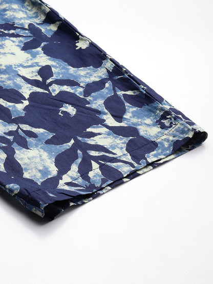 Blue Floral Printed Pure Cotton Kurta With Trousers