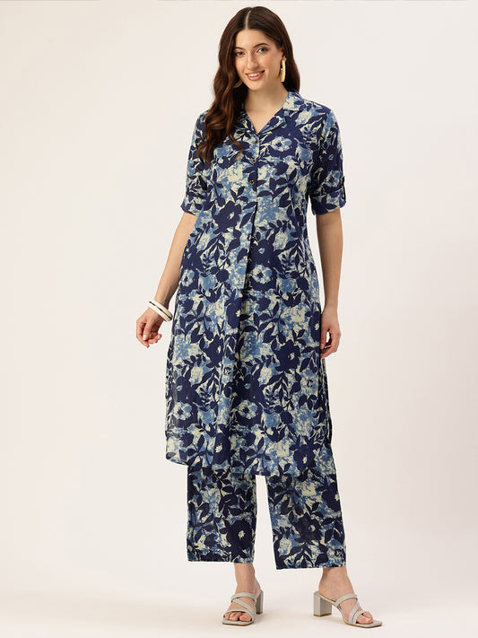 Blue Floral Printed Pure Cotton Kurta With Trousers