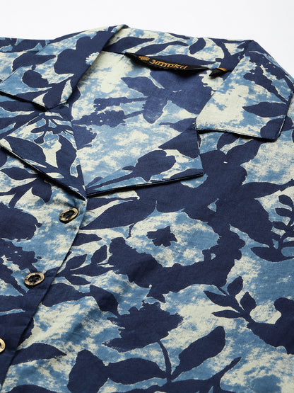 Blue Floral Printed Pure Cotton Kurta With Trousers