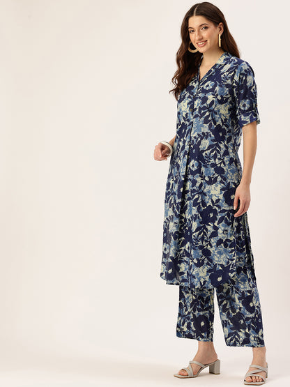 Blue Floral Printed Pure Cotton Kurta With Trousers
