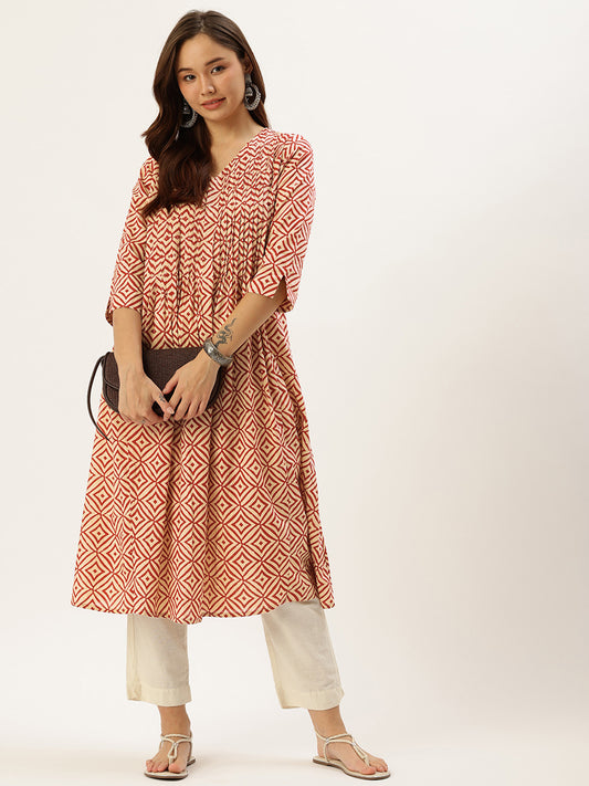 Beige & Red Geometric Printed Kurta