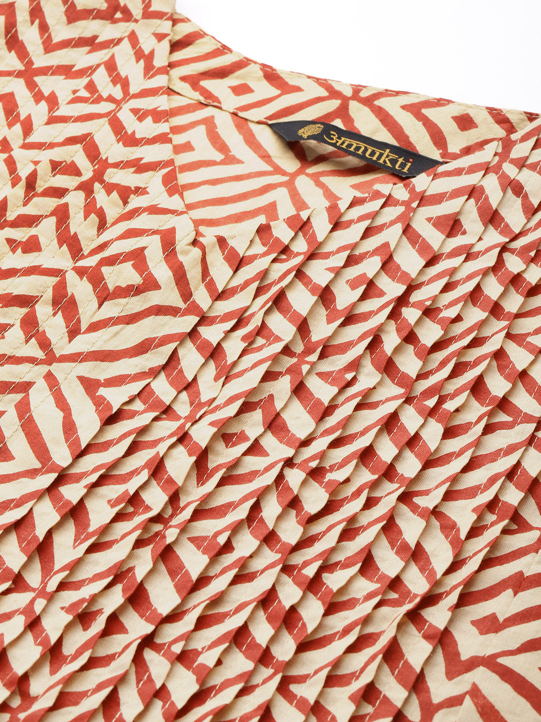 Beige & Red Geometric Printed Kurta
