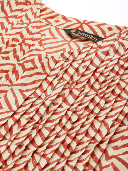 Beige & Red Geometric Printed Kurta
