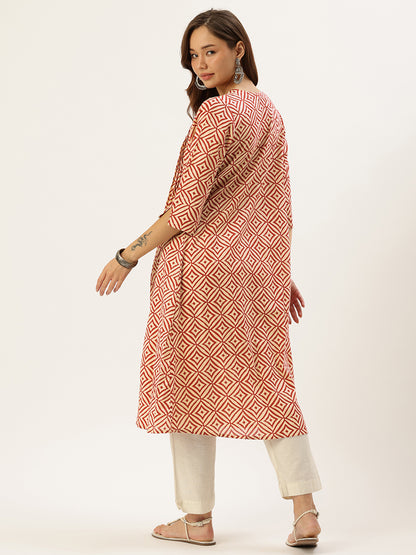 Beige & Red Geometric Printed Kurta