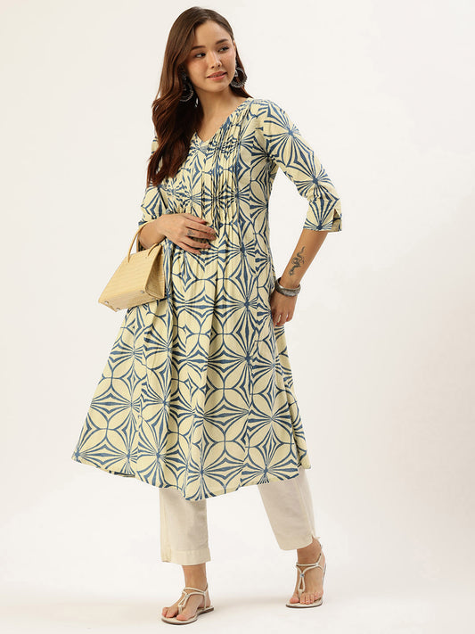Beige & Blue Abstract Printed Kurta