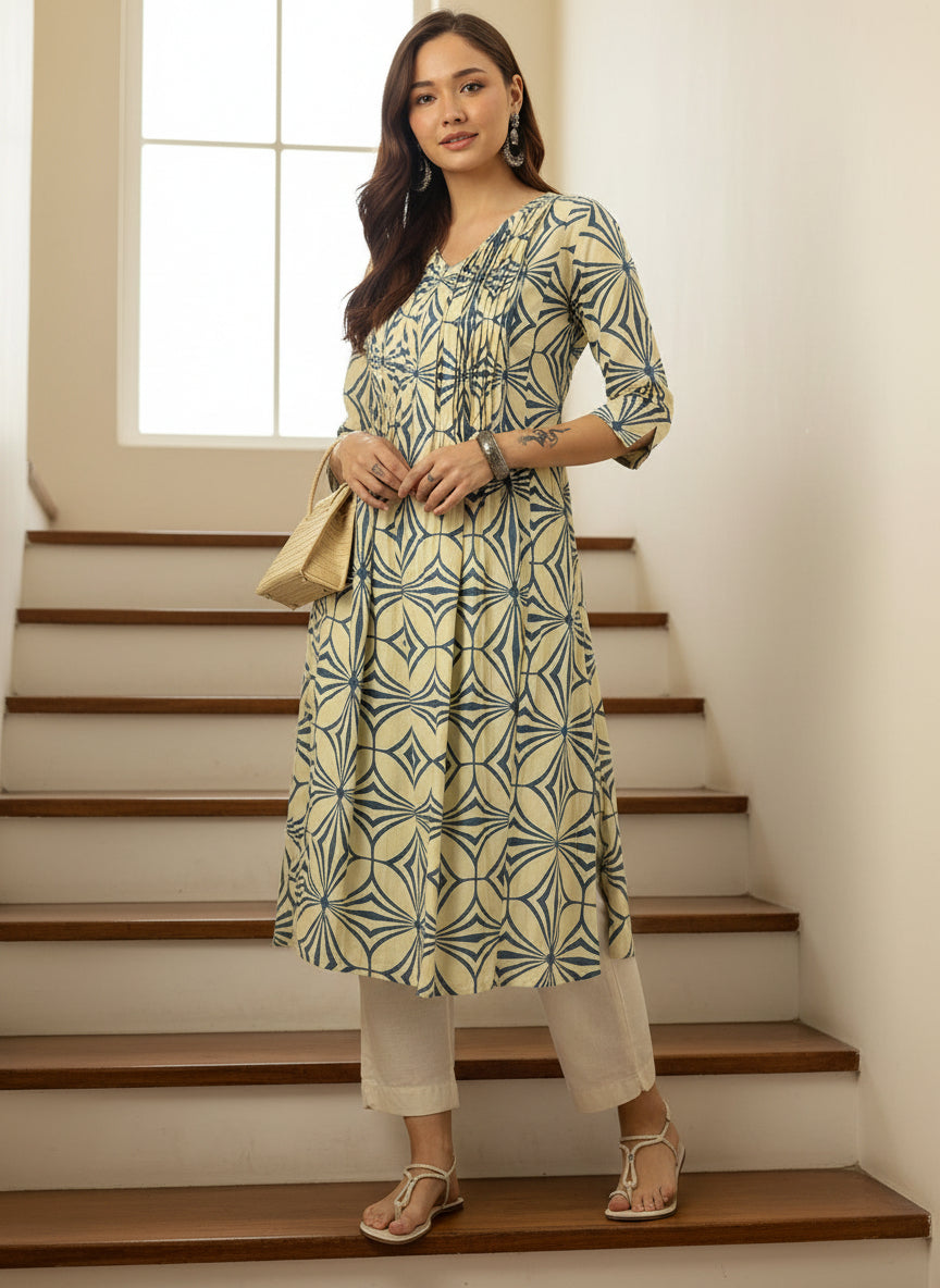 Beige & Blue Abstract Printed Kurta, Princess Cur Kurta, A-Line Kurta, Abstract Print, V neck kurta, printed kurta
