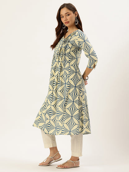 Beige & Blue Abstract Printed Kurta