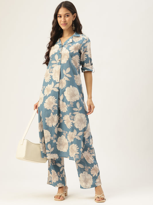 Blue Floral Printed Pure Cotton Kurta With Trousers