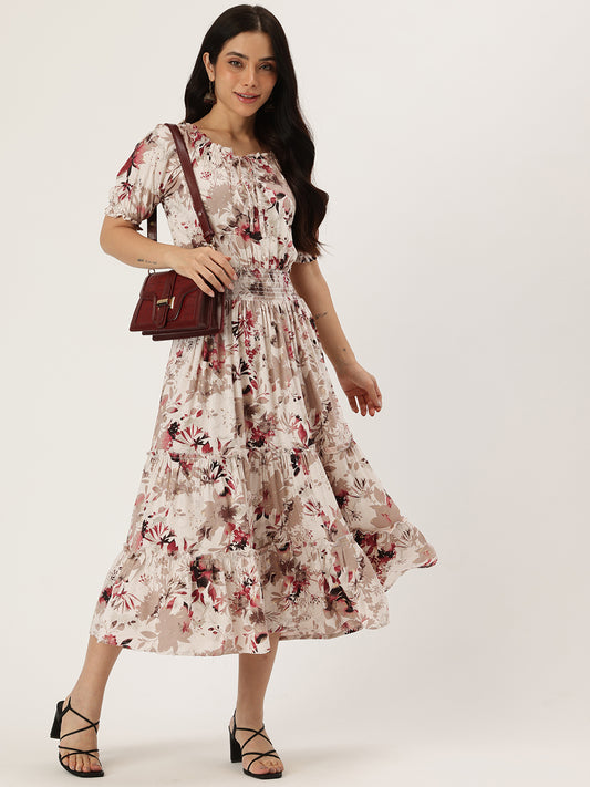 White Floral Print Off-Shoulder Puff Sleeve Fit & Flare Midi Dress
