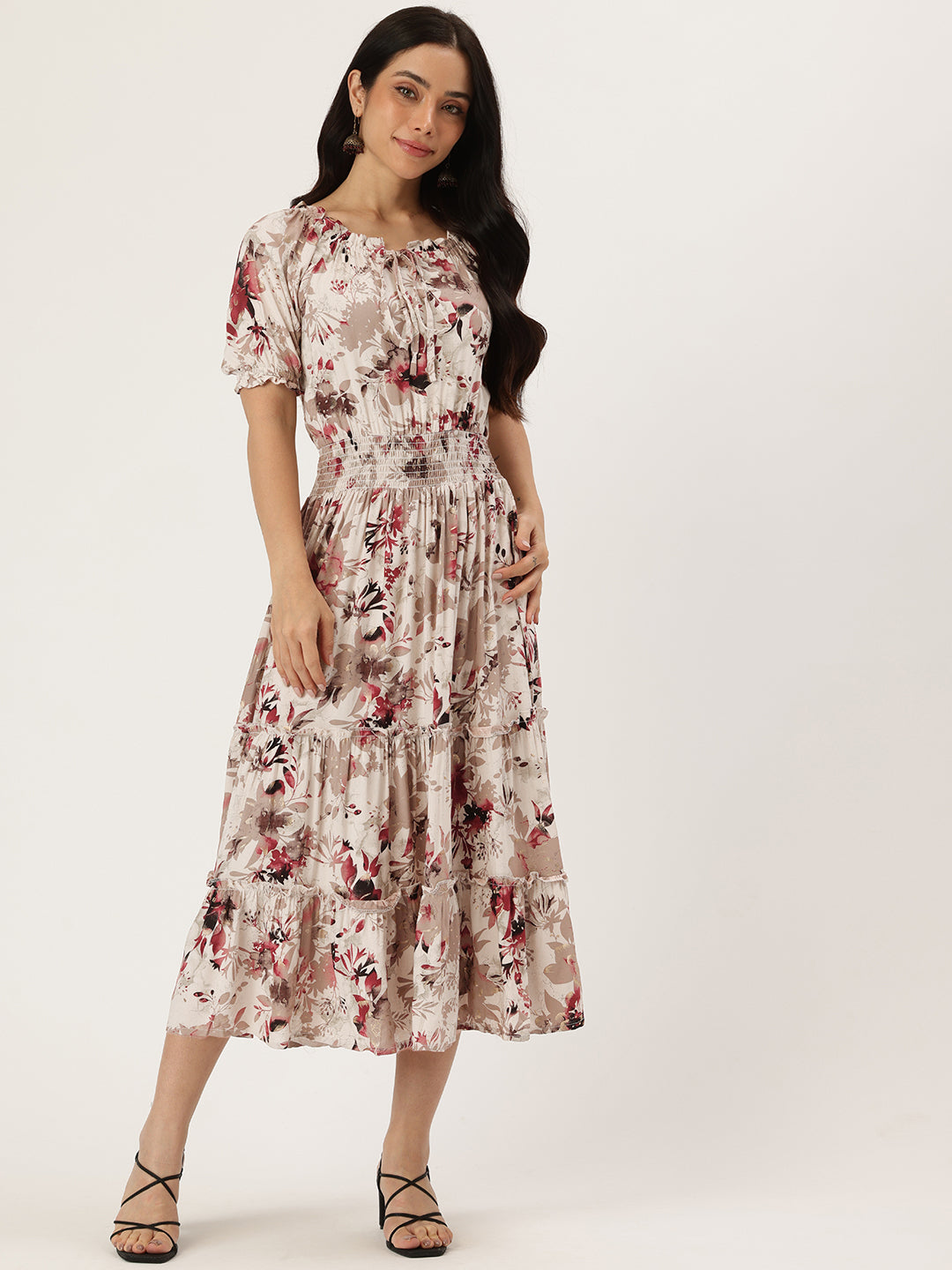 White Floral Print Off-Shoulder Puff Sleeve Fit & Flare Midi Dress Amukti - The Women's Ethnic Fashion Store White Floral Print Off-Shoulder Puff Sleeve Fit & Flare Midi Dress Amukti - The Women's Ethnic Fashion Store