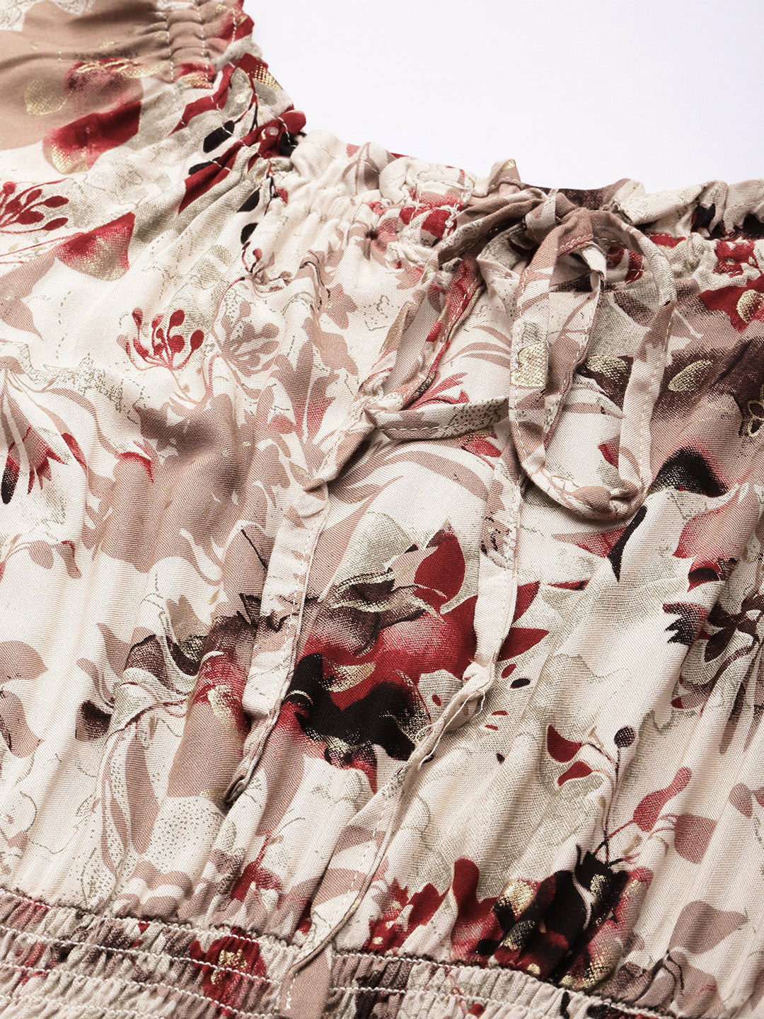 White Floral Print Off-Shoulder Puff Sleeve Fit & Flare Midi Dress