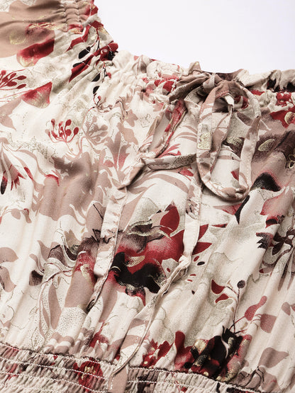 White Floral Print Off-Shoulder Puff Sleeve Fit & Flare Midi Dress