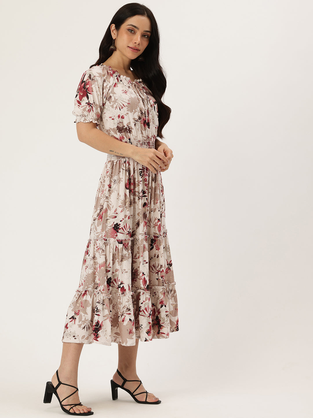 White Floral Print Off-Shoulder Puff Sleeve Fit & Flare Midi Dress