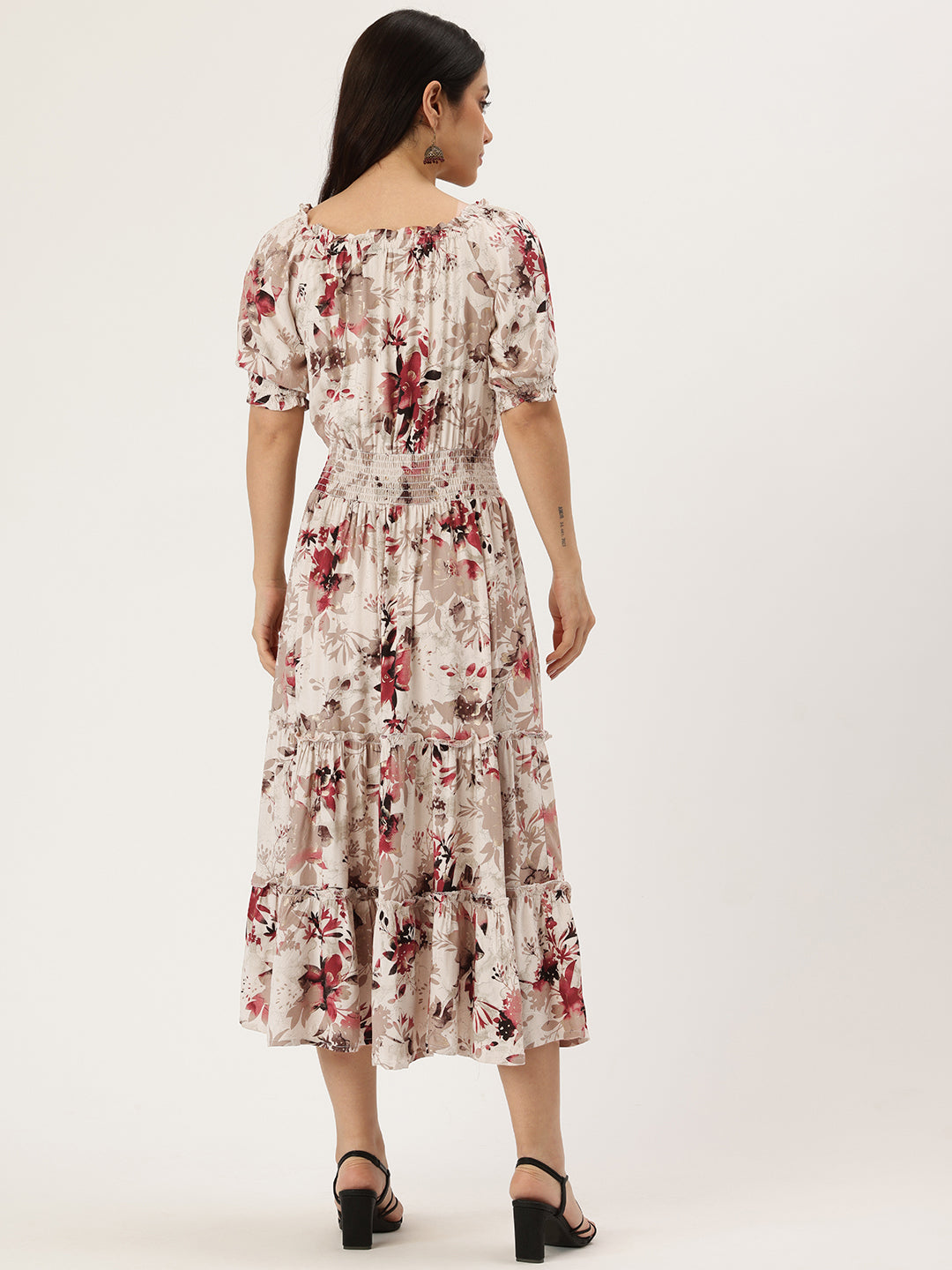 White Floral Print Off-Shoulder Puff Sleeve Fit & Flare Midi Dress