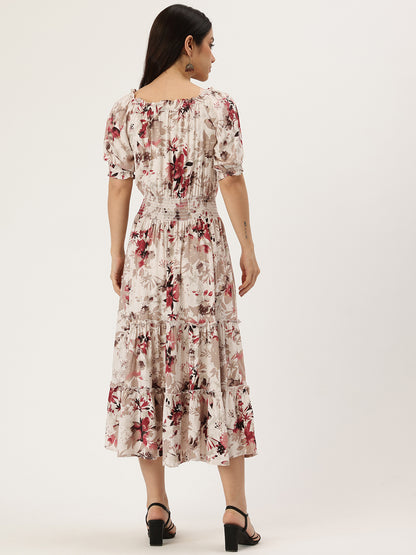 White Floral Print Off-Shoulder Puff Sleeve Fit & Flare Midi Dress